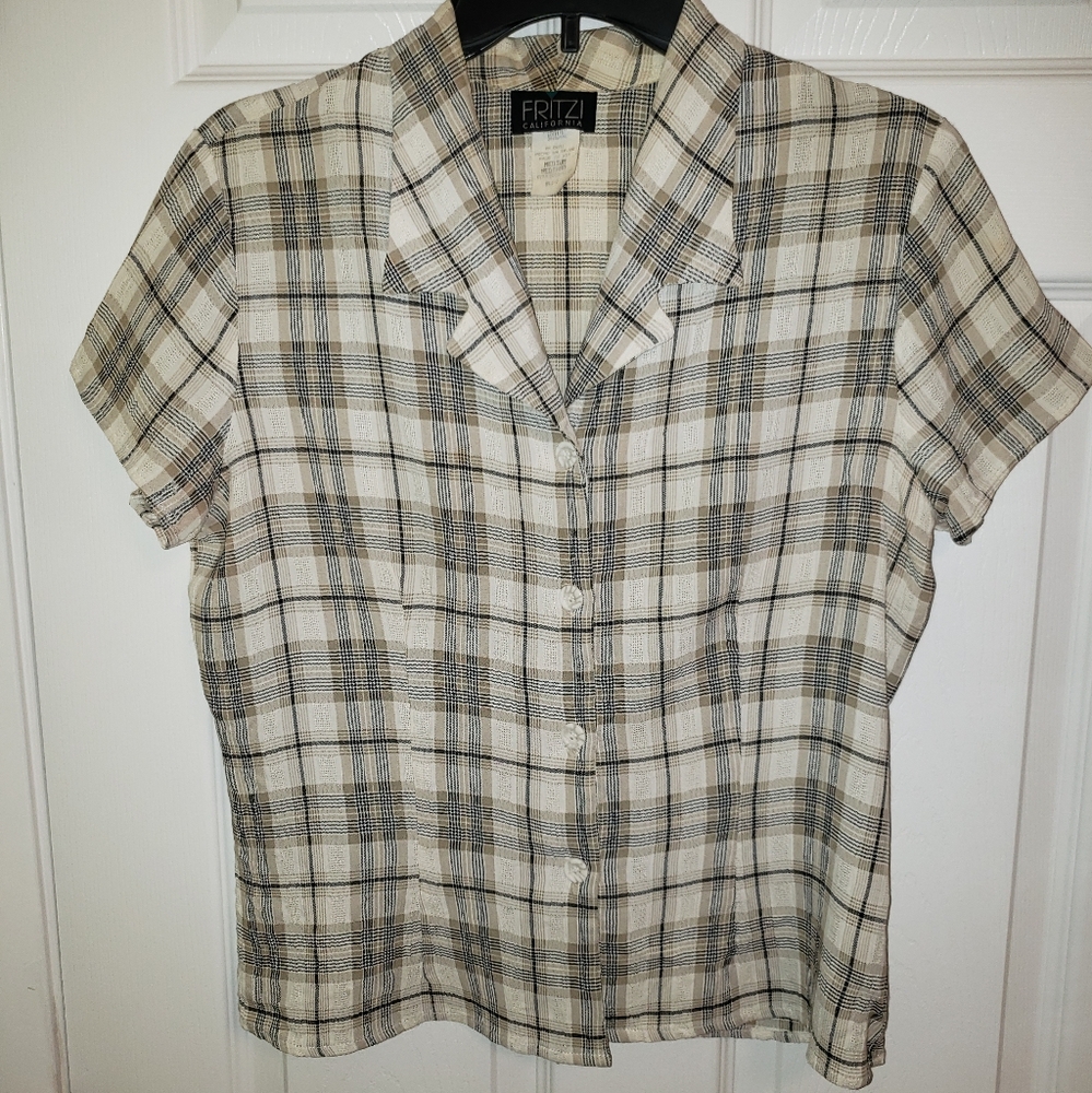 Fritzi California size Medium plaid blouse in black, white, and beige